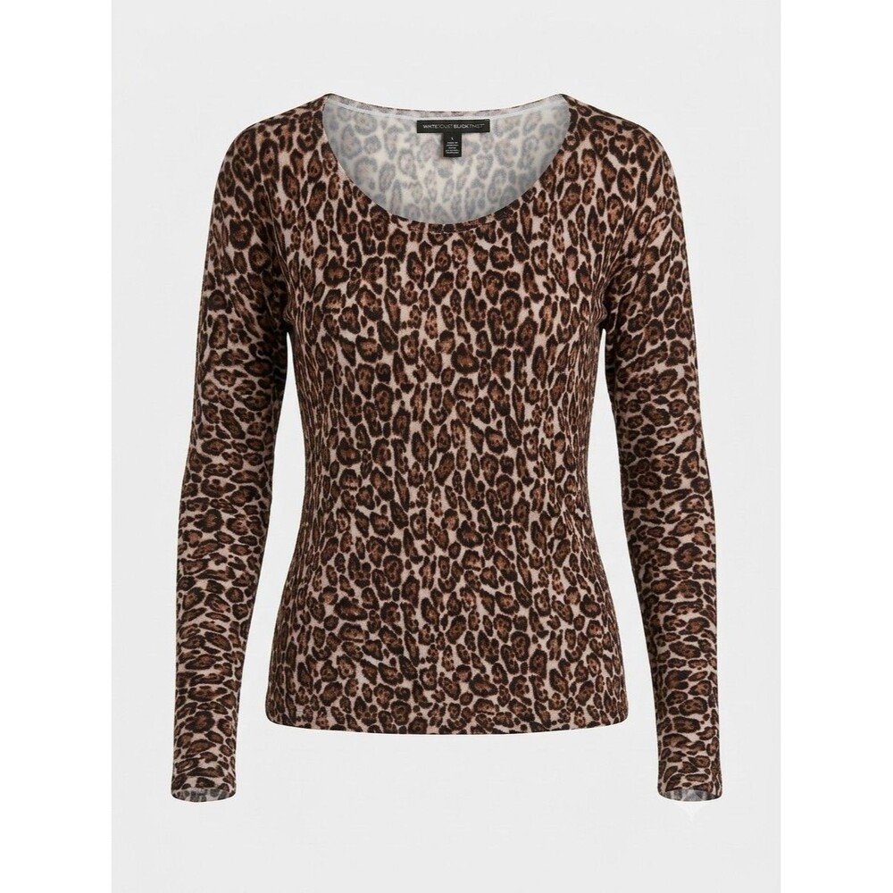 White House Black Market Womens Small S Leopard Print Long Sleeve Knit Top Scoop